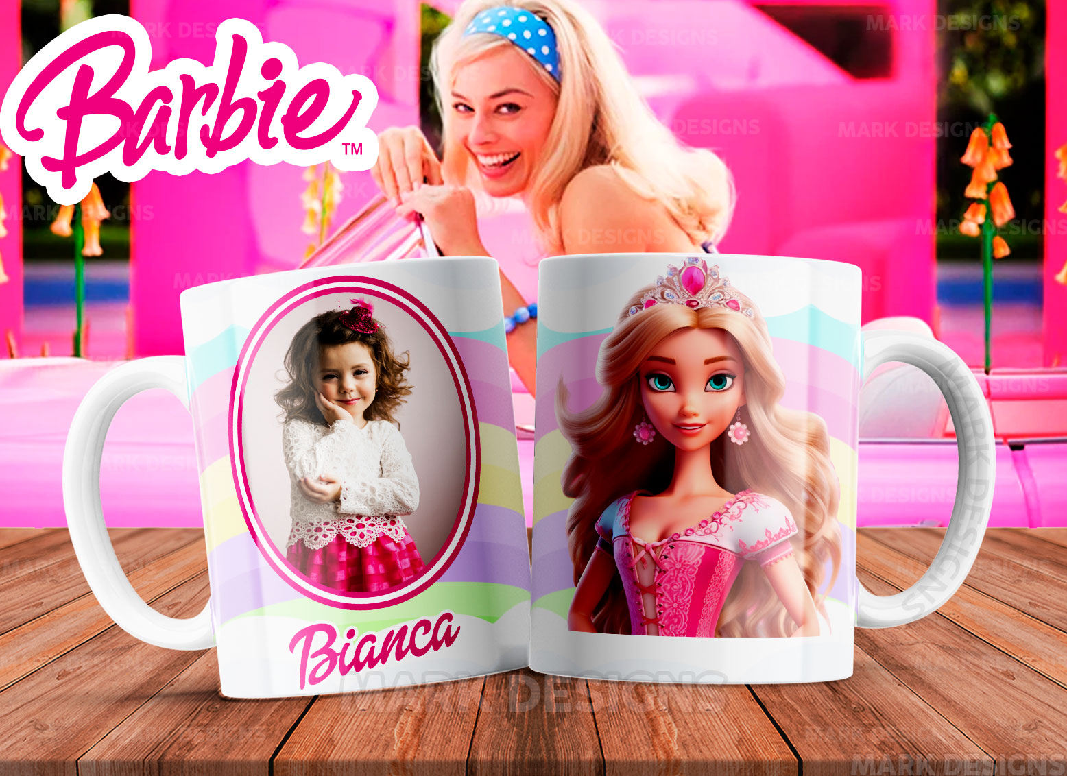Tazas personalizable con foto y nombre de diseño de Barbie