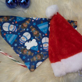 Pack Navideño para mascotas: bandana navideña + chapita navideña (metal) + gorrito