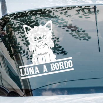 Vinilo para coche "Perro + nombre a bordo"